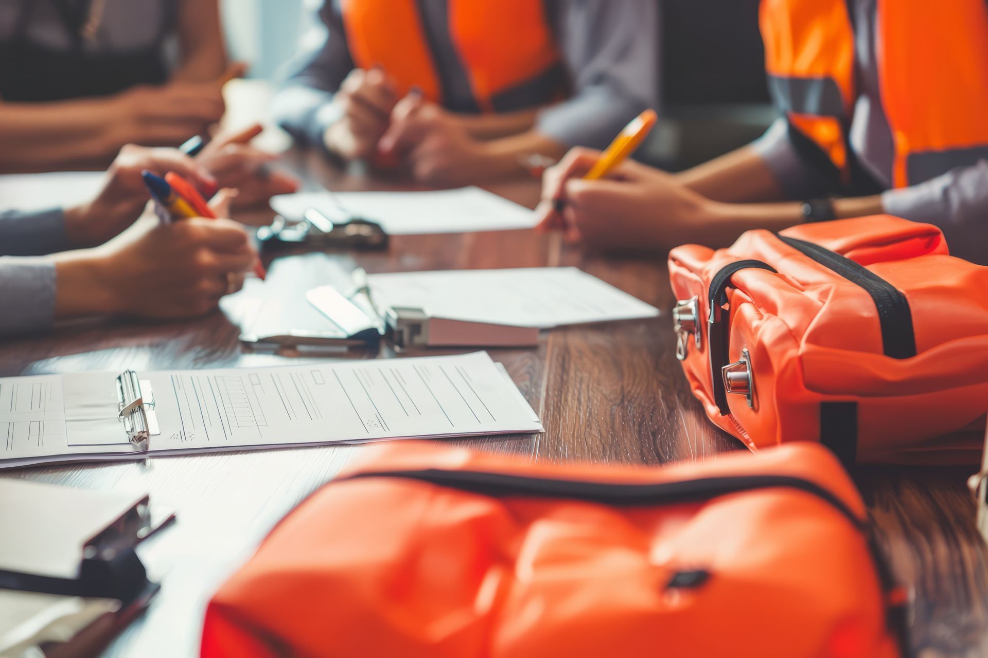 Des personnes en gilets orange sont assises à une table, en train d'écrire sur des feuilles de papier ; on aperçoit des sacs orange.