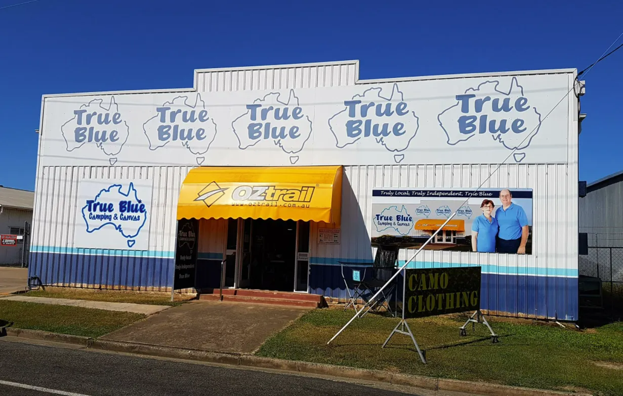 Exterior of True Blue Store With Awning, Blue/white Signage — True Blue Camping Warehouse in North Mackay, QLD