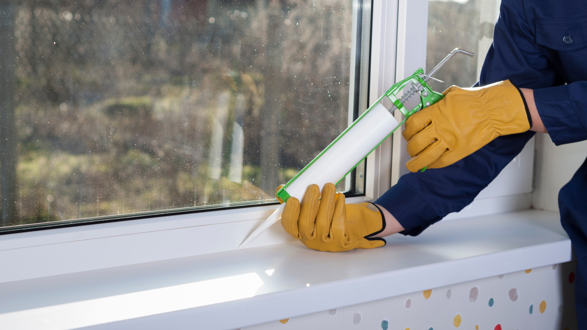 Picture of window caulking using flat stock caulking on a replacement window in Belleville Ontario.