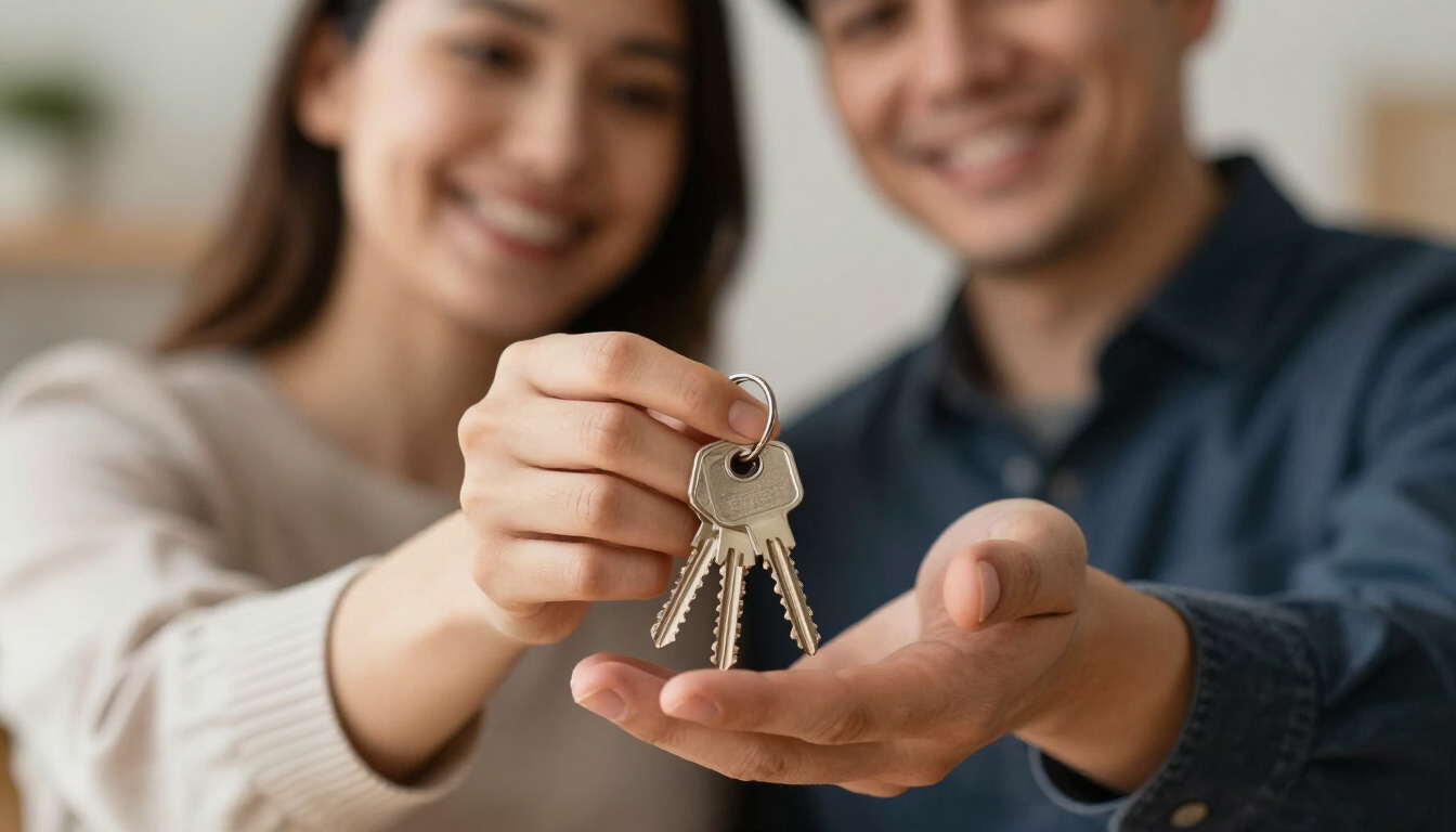 A smiling couple holding a small set of house keys over an open palm