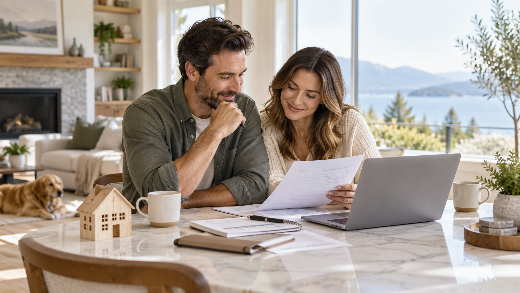 Couple reviewing paperwork at a dining table beside a laptop in a bright home with mountain views