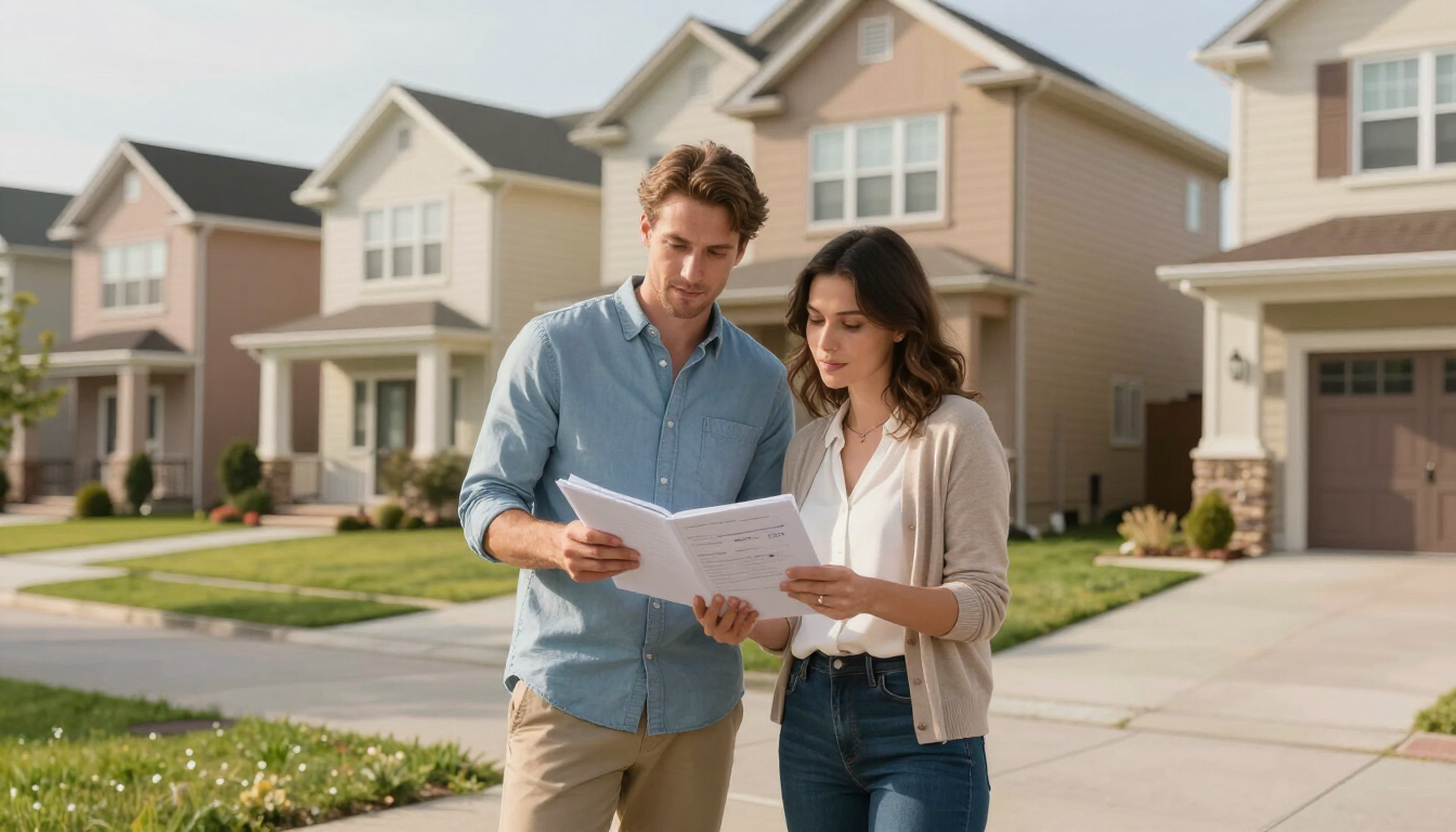 Two people reviewing papers outside suburban houses on a sunny street