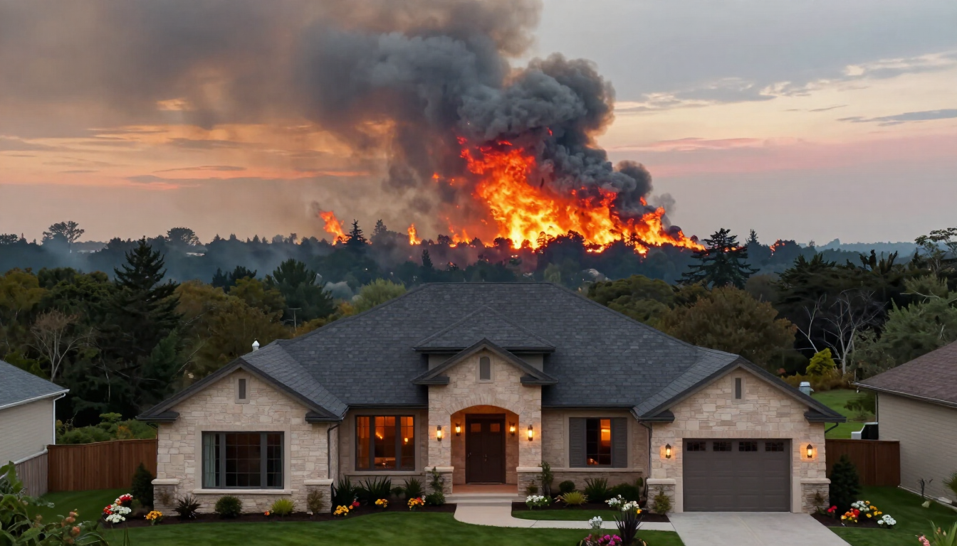 House in foreground with a large wildfire and thick smoke burning on the hillside behind it