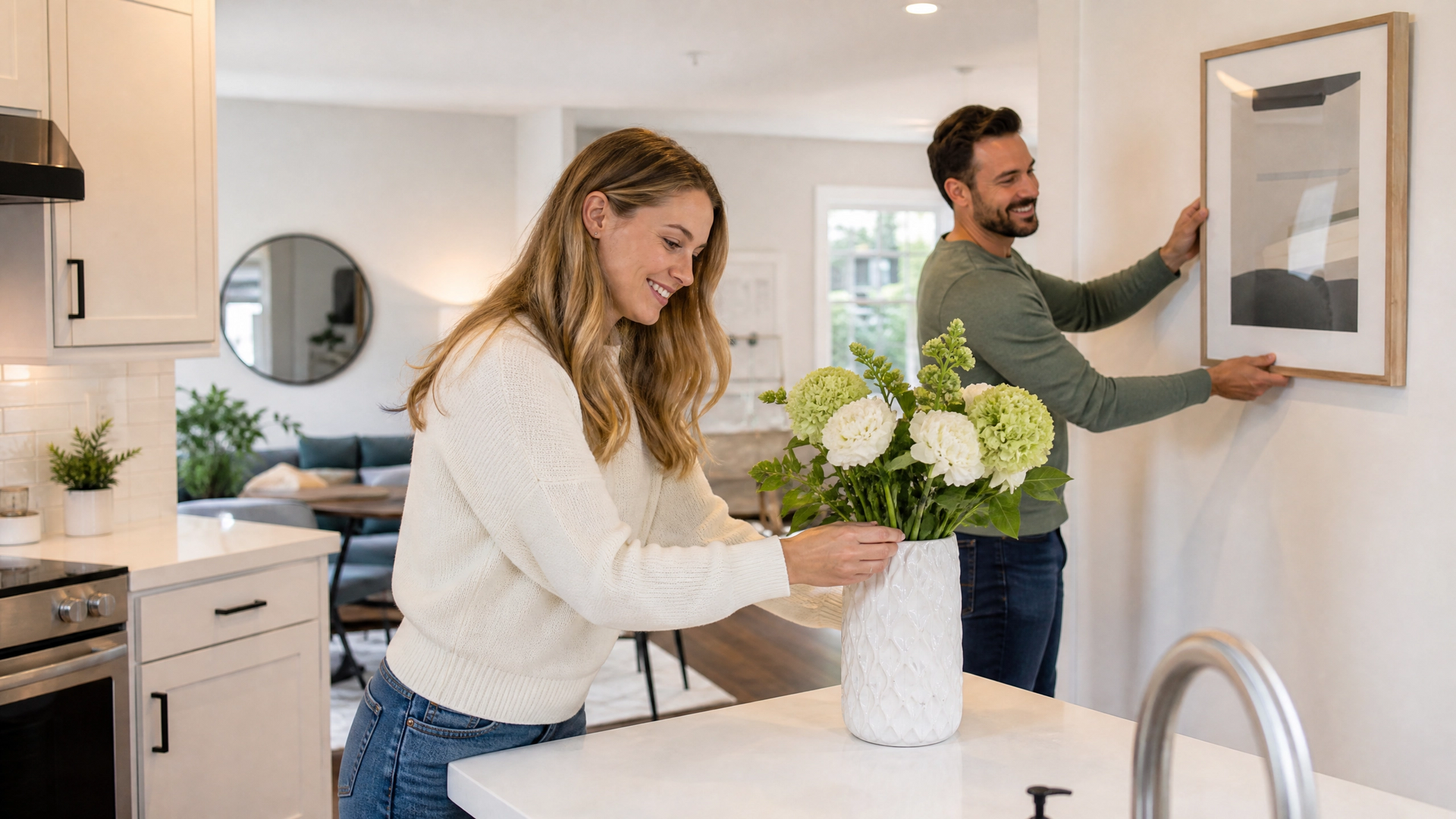 Woman arranging flowers on a kitchen island while a man hangs a framed picture on the wall.
