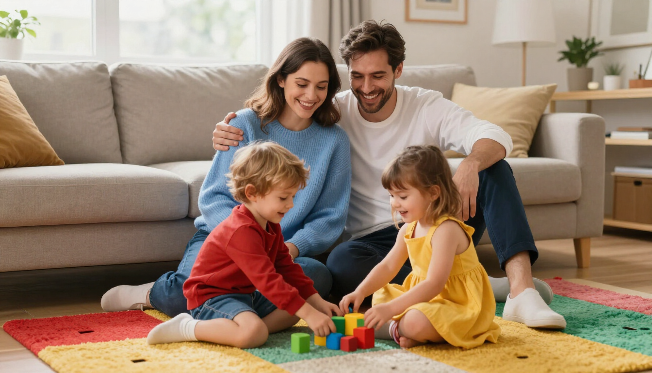 Family playing with colorful blocks on the floor in a cozy living room