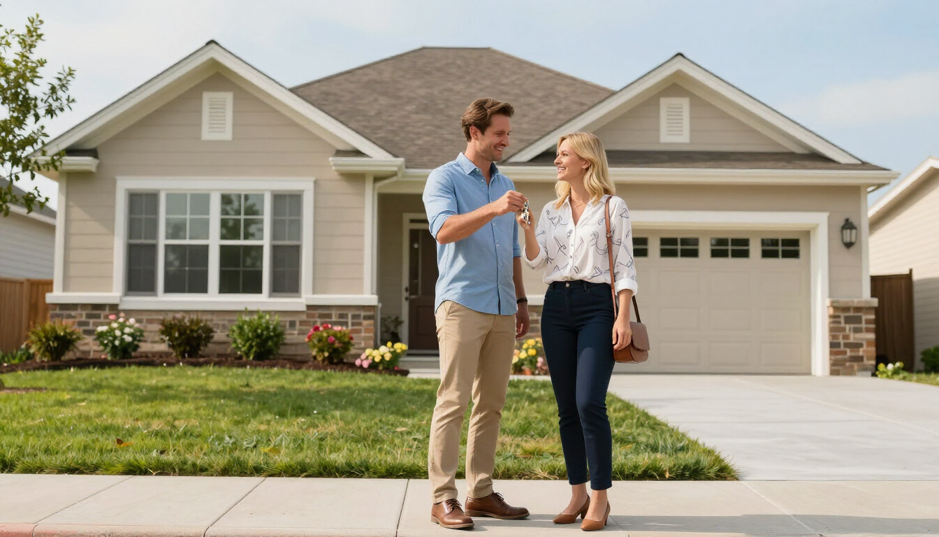 Couple standing in front of a suburban house, talking on the sidewalk near the driveway.