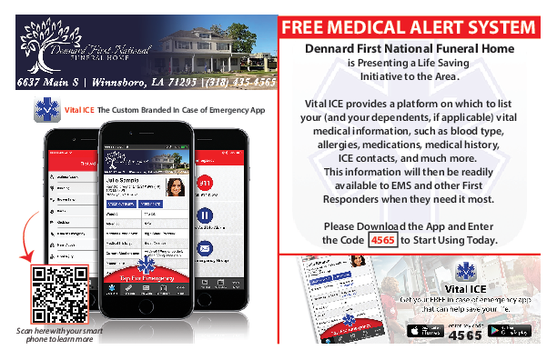 Free medical alert system ad with smartphone app, red banner, and QR code on a dark background