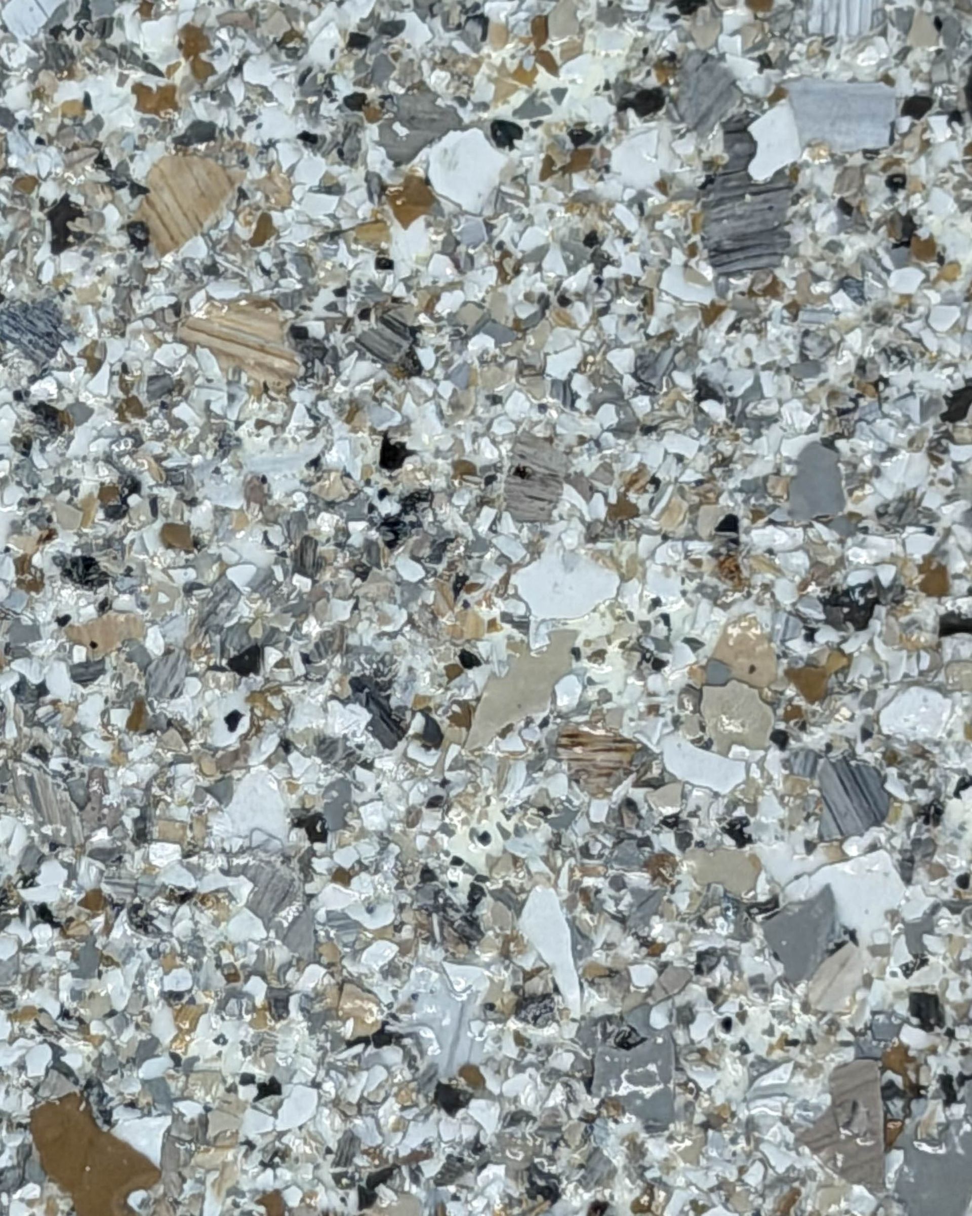 Close-up of a speckled gray, white, and tan textured surface with scattered pebbles and chips