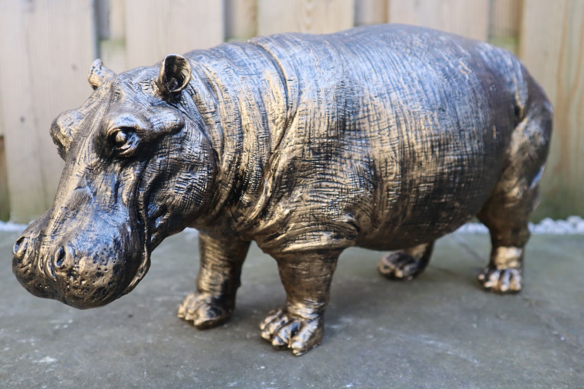 Staand nijlpaard beeld goud 45 cm luxe dierenbeeld voor binnen en buiten
