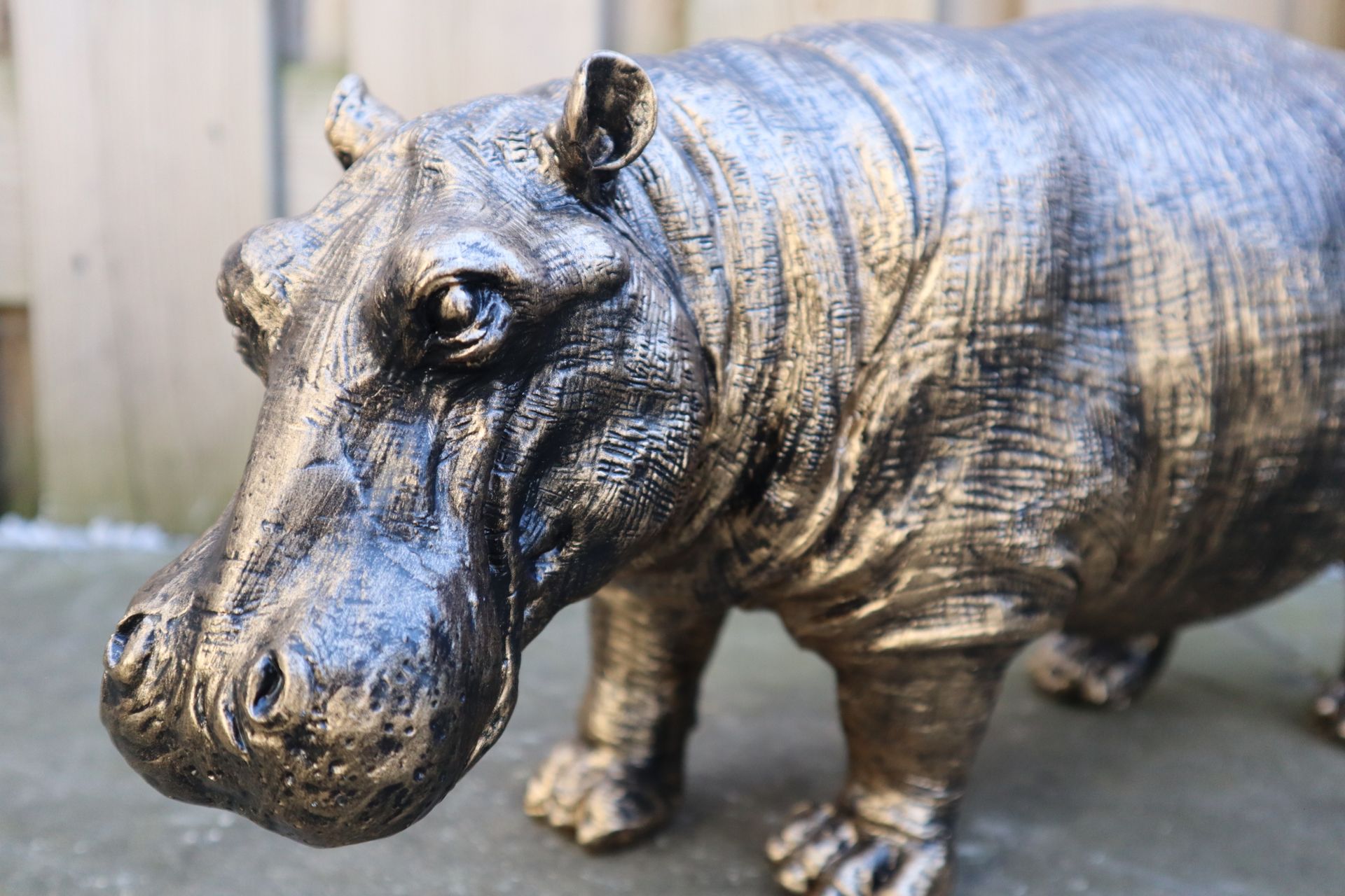 Nijlpaard beeld 45 cm goud staand eyecatcher tuinbeeld dierenbeeld