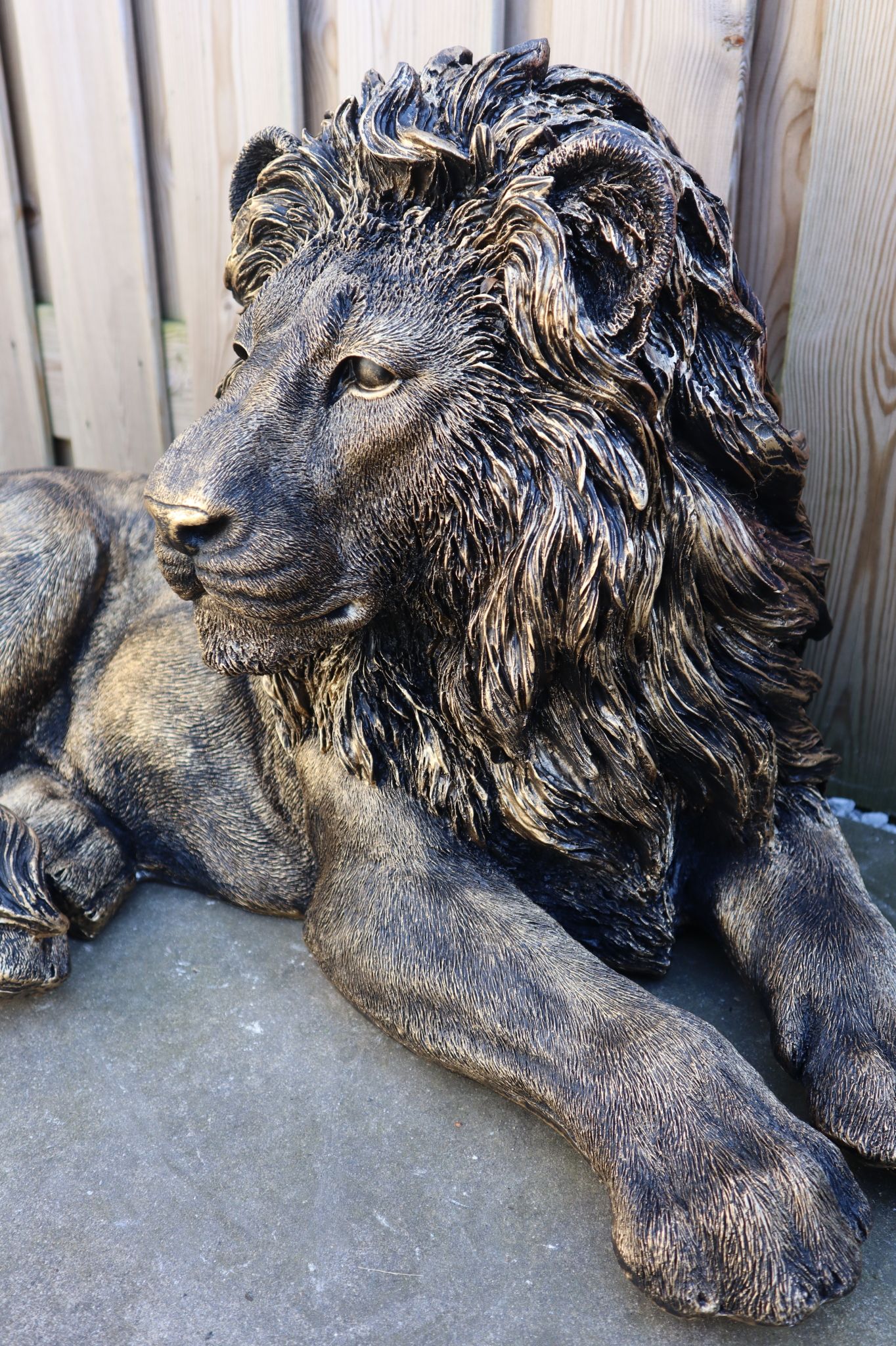 Leeuw dierenbeeld 93 cm goud liggend realistisch tuinbeeld decoratie