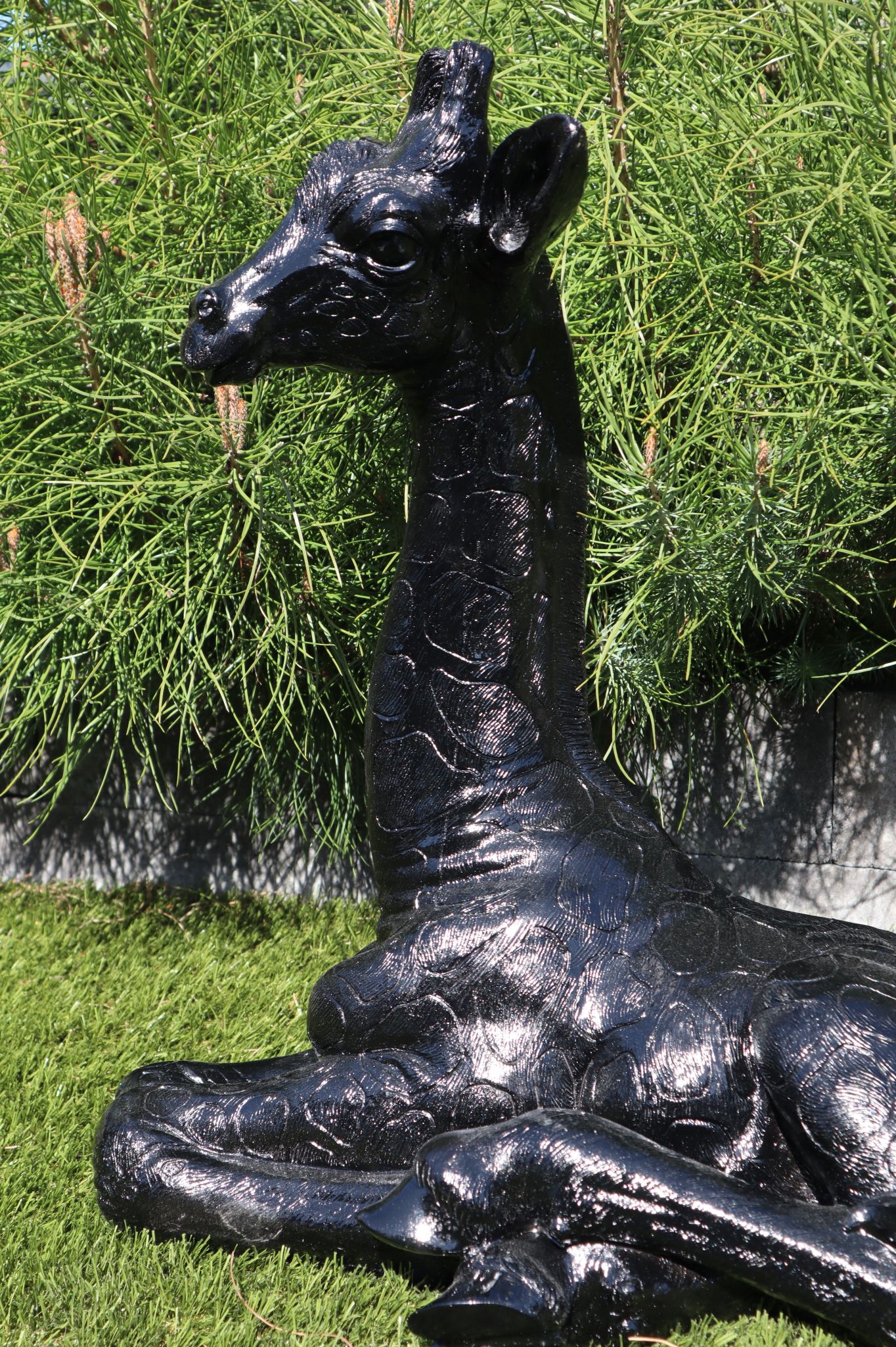 Liggend giraffe beeld zwart 57 cm luxe dierenbeeld tuin decoratie