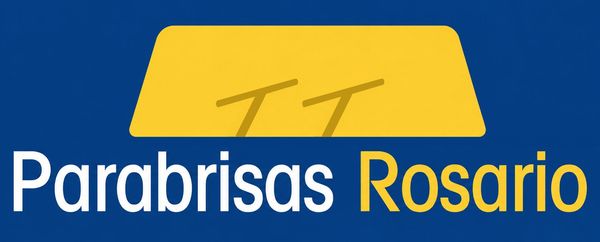 Logotipo de Parabrisas Rosario: texto blanco y amarillo sobre fondo azul con un icono de parabrisas amarillo en la parte superior.