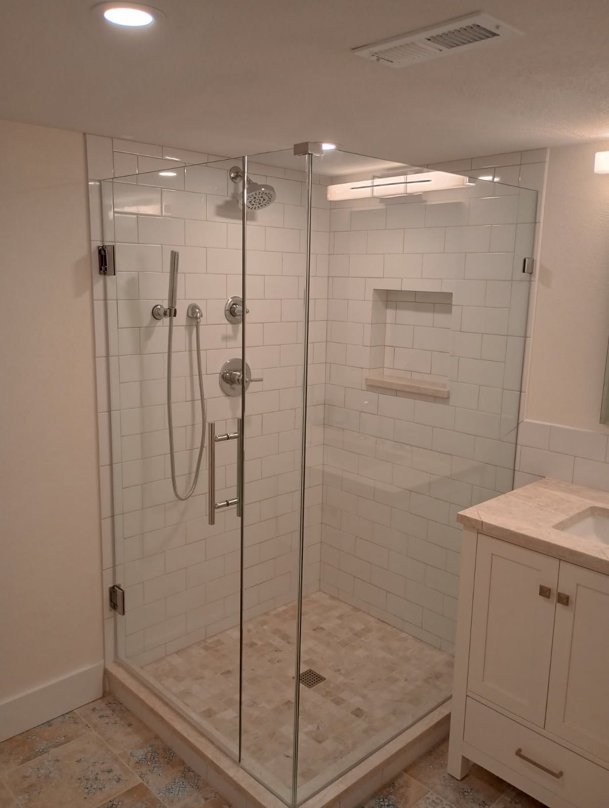 Shower door with modern hardware