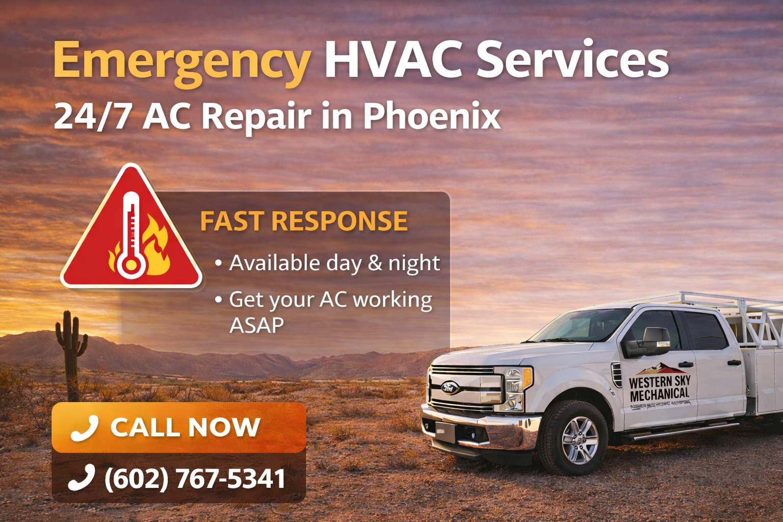 Emergency HVAC Services ad with truck, desert sunset, and call-now phone number for Phoenix AC repair