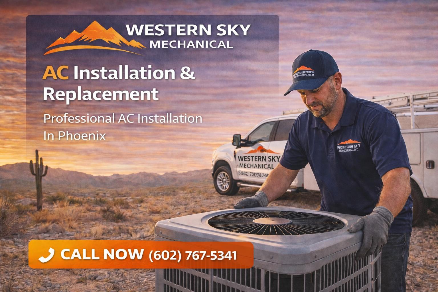 Western Sky Mechanical ad for AC installation and replacement with a technician in a desert setting and phone number