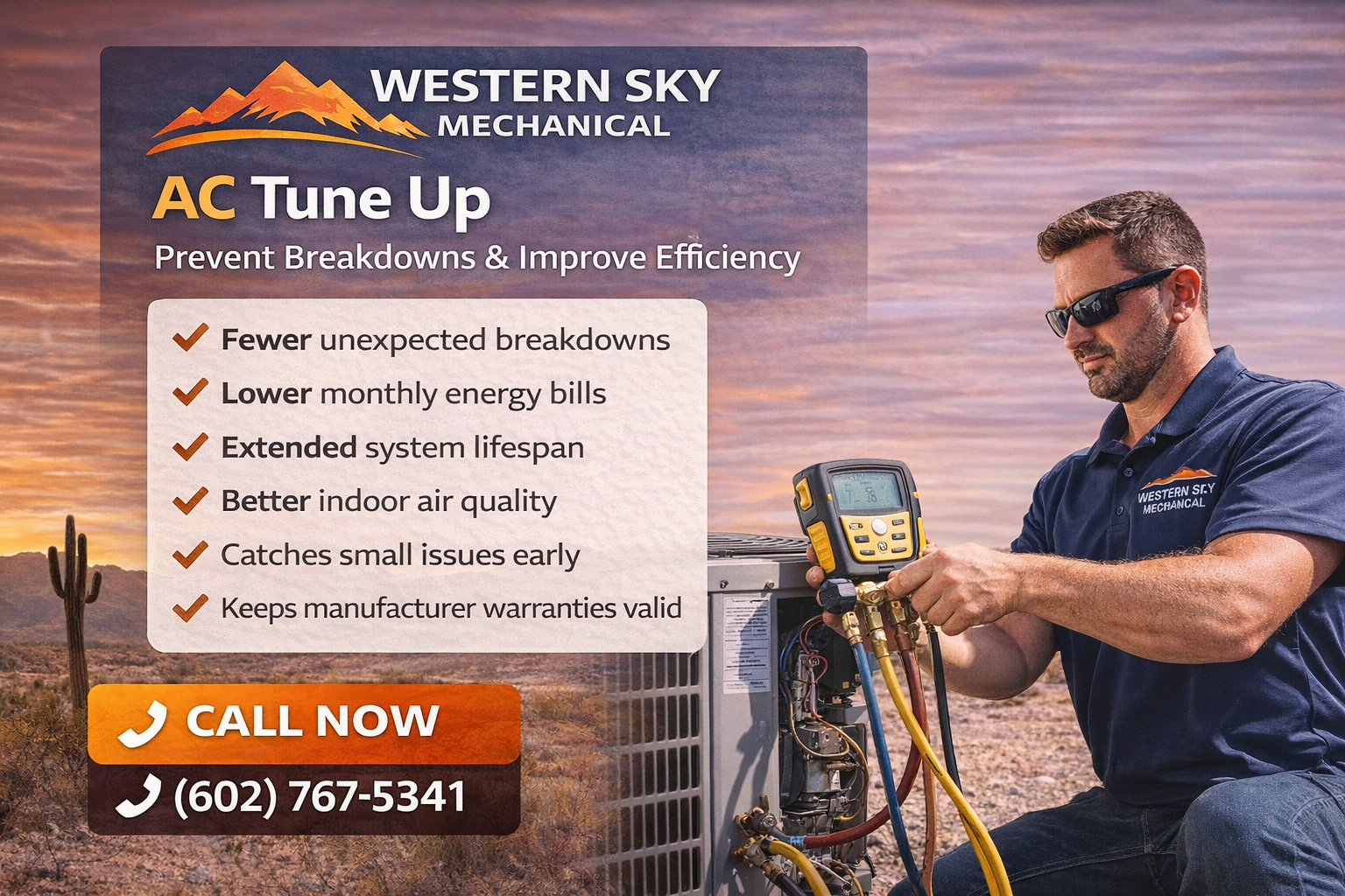 Western Sky Mechanical AC tune-up ad with technician checking HVAC unit in a desert sunset setting
