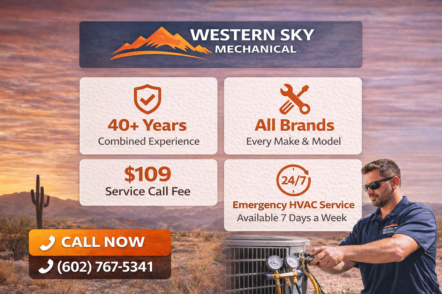 Western Sky Mechanical ad with service call fee, 24/7 emergency service, and technician beside HVAC equipment