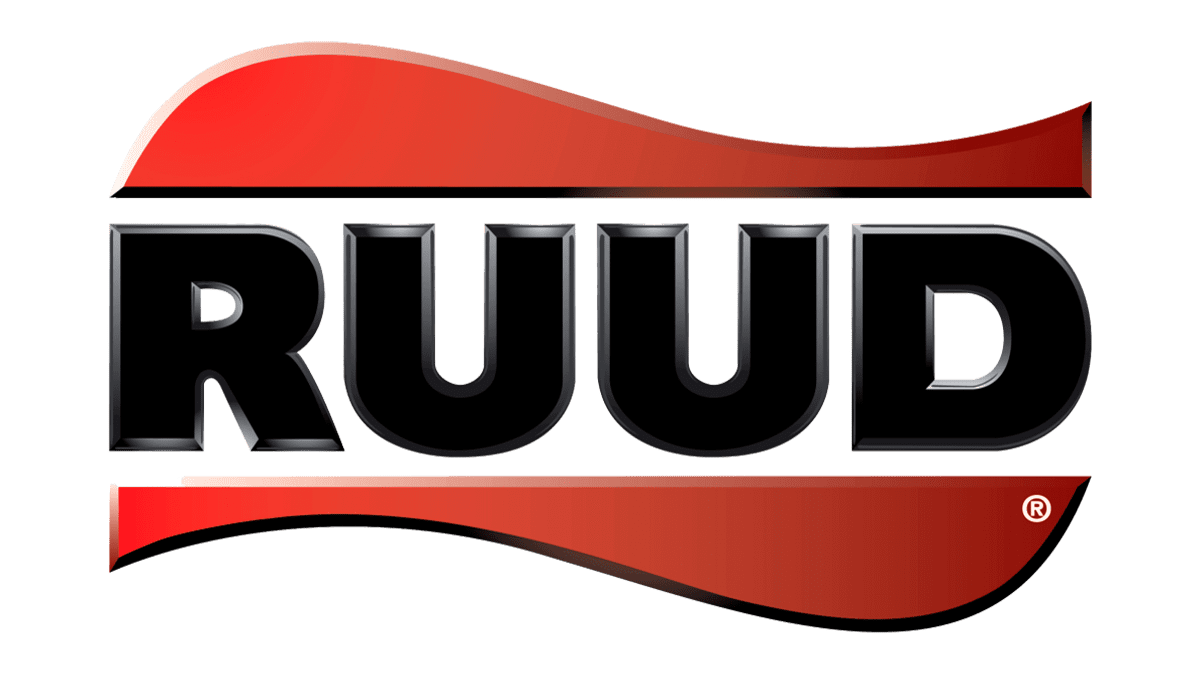 RUUD logo in bold black letters with red swoosh accents on a white background