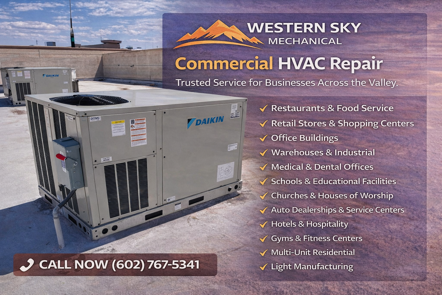 Western Sky Commercial HVAC Repair ad with rooftop unit and service list, phone number 602-767-5341