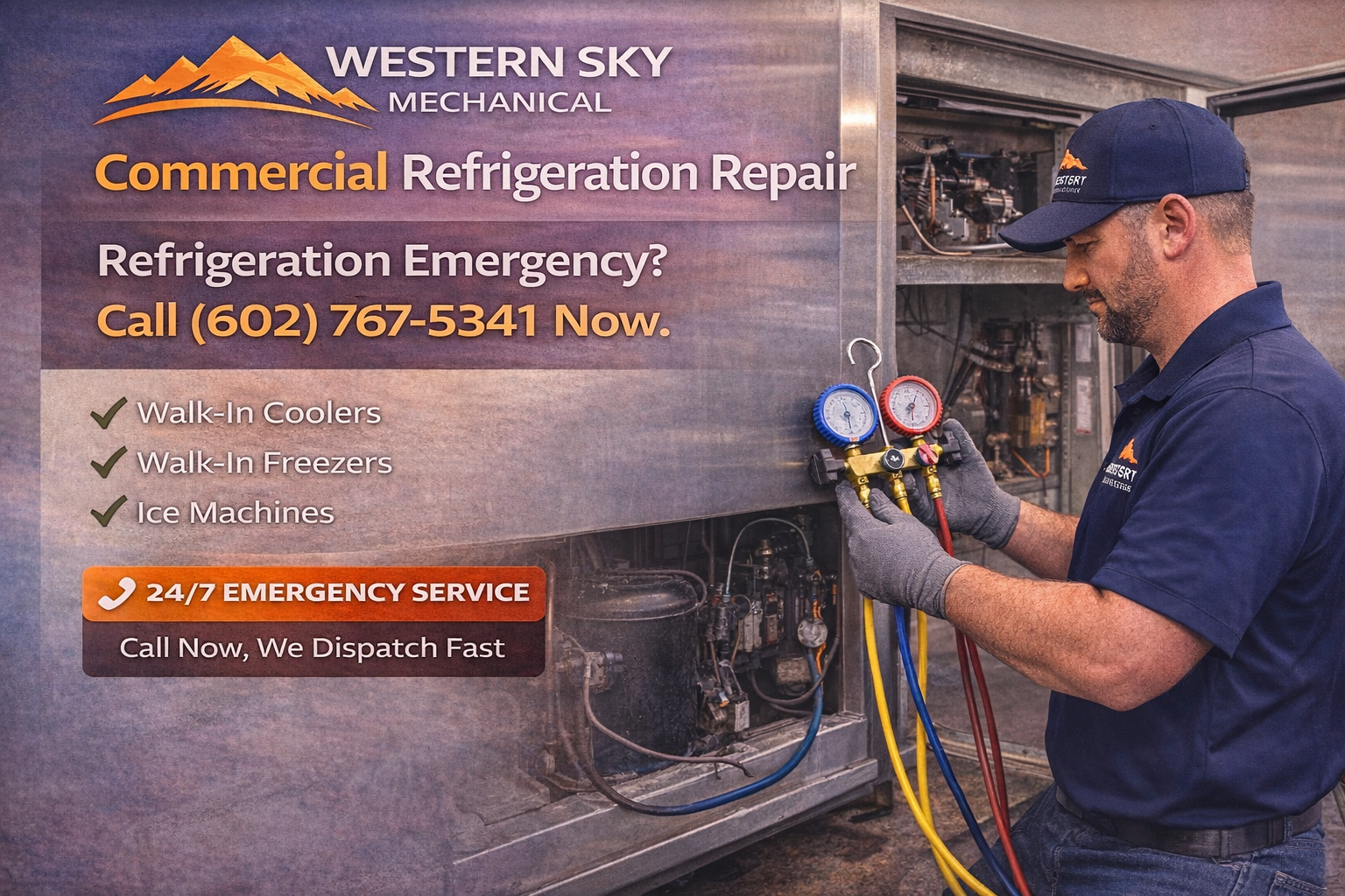 Western Sky commercial refrigeration repair technician servicing equipment with gauges on a truck.