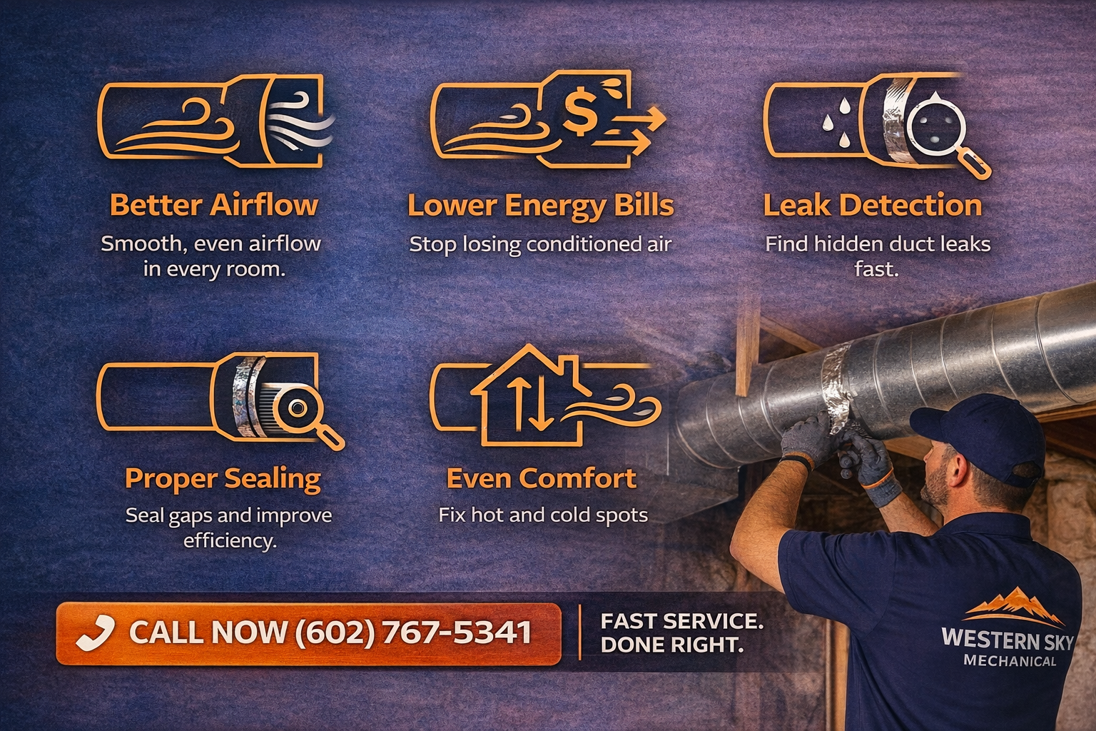 HVAC ad with orange icons, ductwork, and a technician inspecting an air duct.