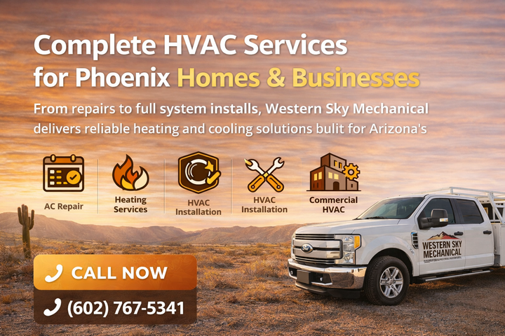 HVAC service ad for Phoenix homes and businesses with truck, equipment icons, and call-now phone number