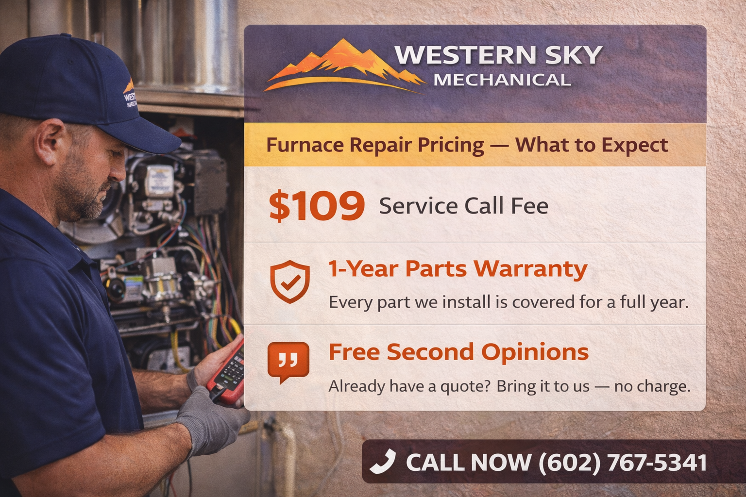 Western Sky Mechanical furnace repair pricing ad with technician and $109 service call fee