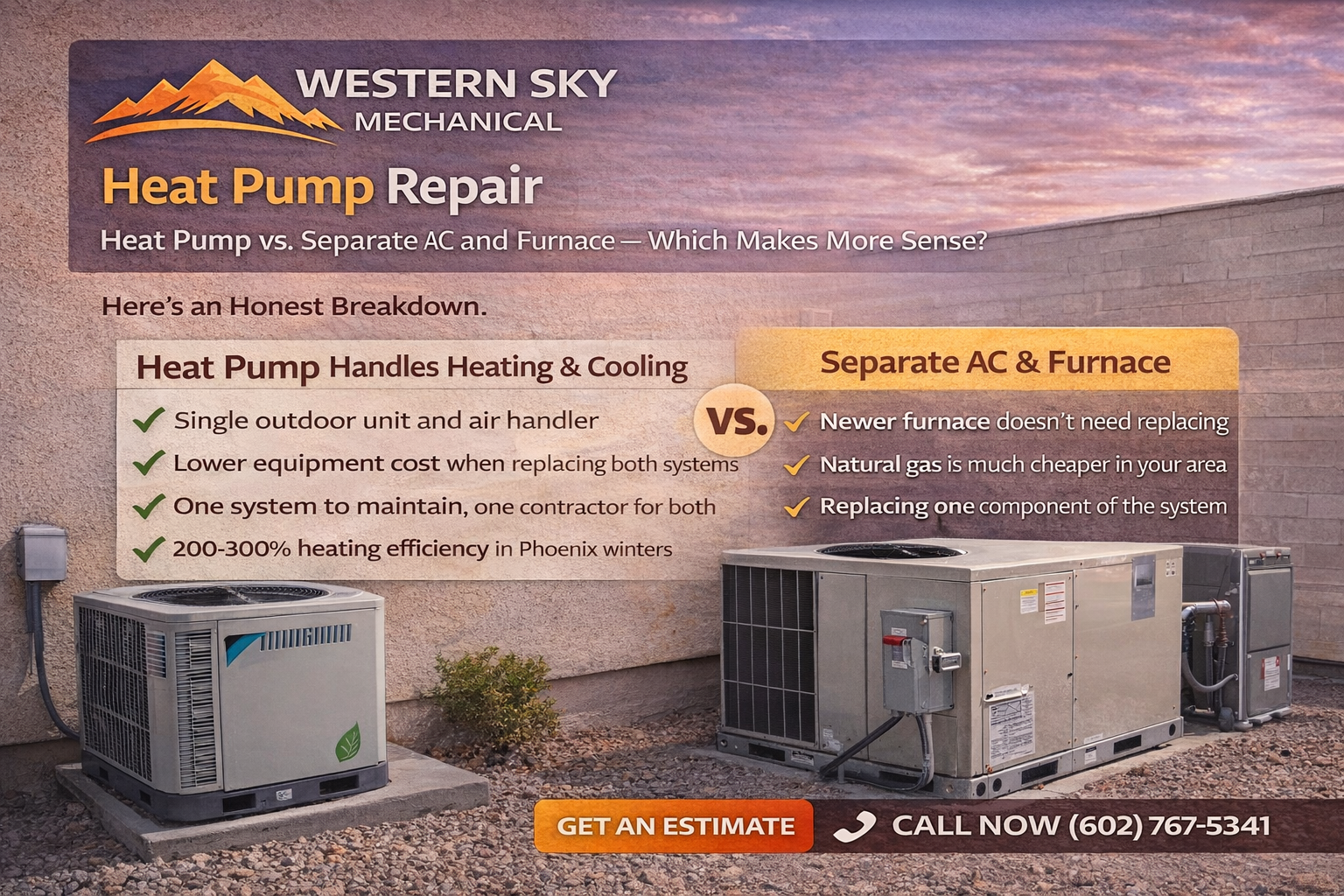 Western Sky Mechanical ad for heat pump repair with rooftop sunset and HVAC units