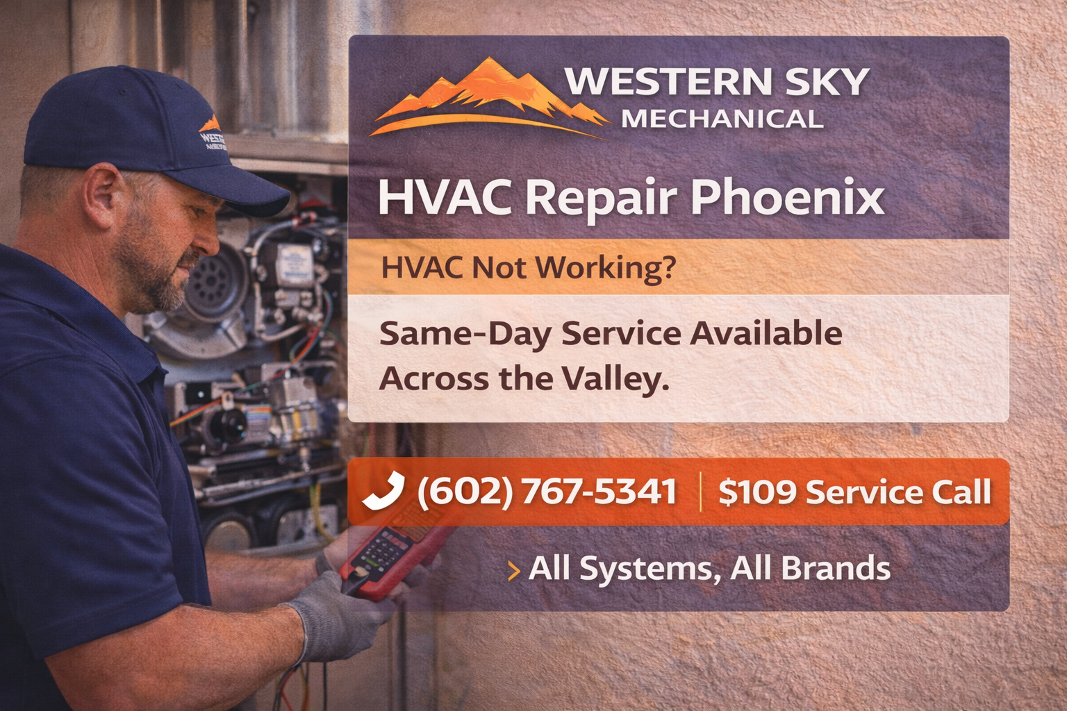 Western Sky Mechanical HVAC repair ad with technician, furnace, and same-day service call details
