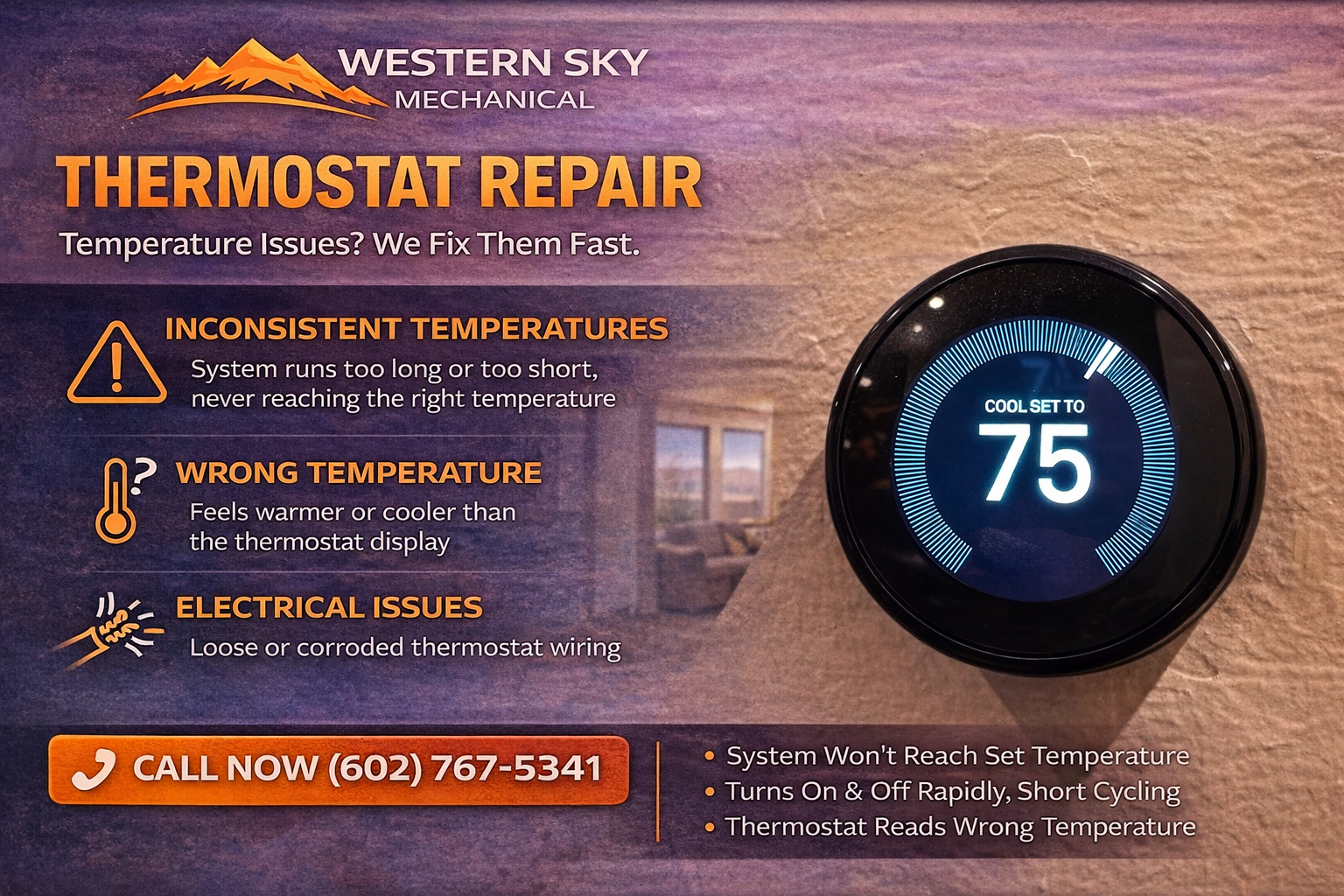 Thermostat repair ad with circular thermostat display at 75° on a wood background, Western Sky Heating logo, and call button