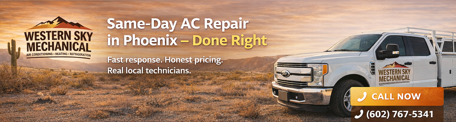 Western Sky Mechanical ad: same-day AC repair in Phoenix-Done Right, with truck, sunset desert, and call now button