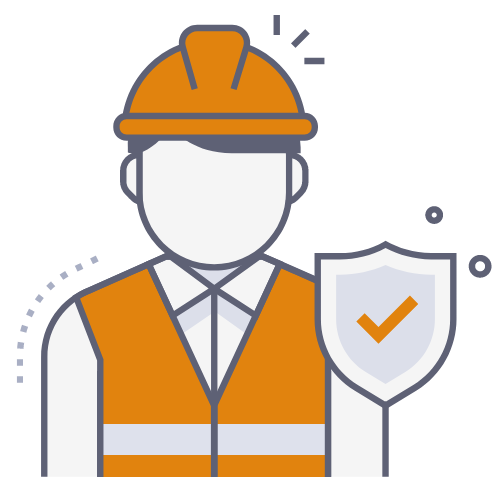 A construction worker is holding a shield with a check mark on it.