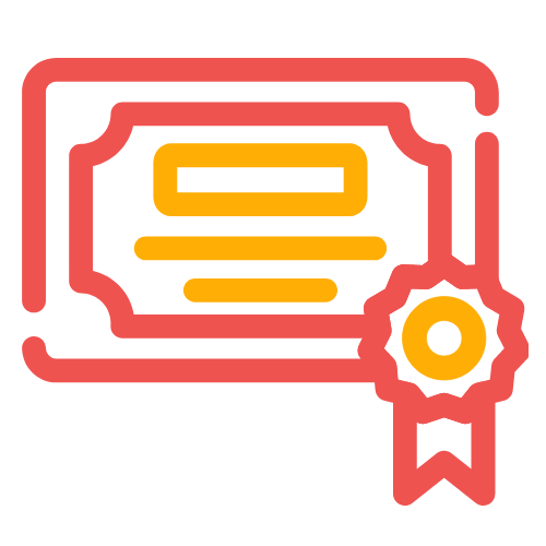 A red and yellow icon of a certificate with a ribbon.
