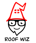 Logo of a smiling wizard-like figure with a red roof-shaped hat and glasses, labeled "ROOF WIZ".