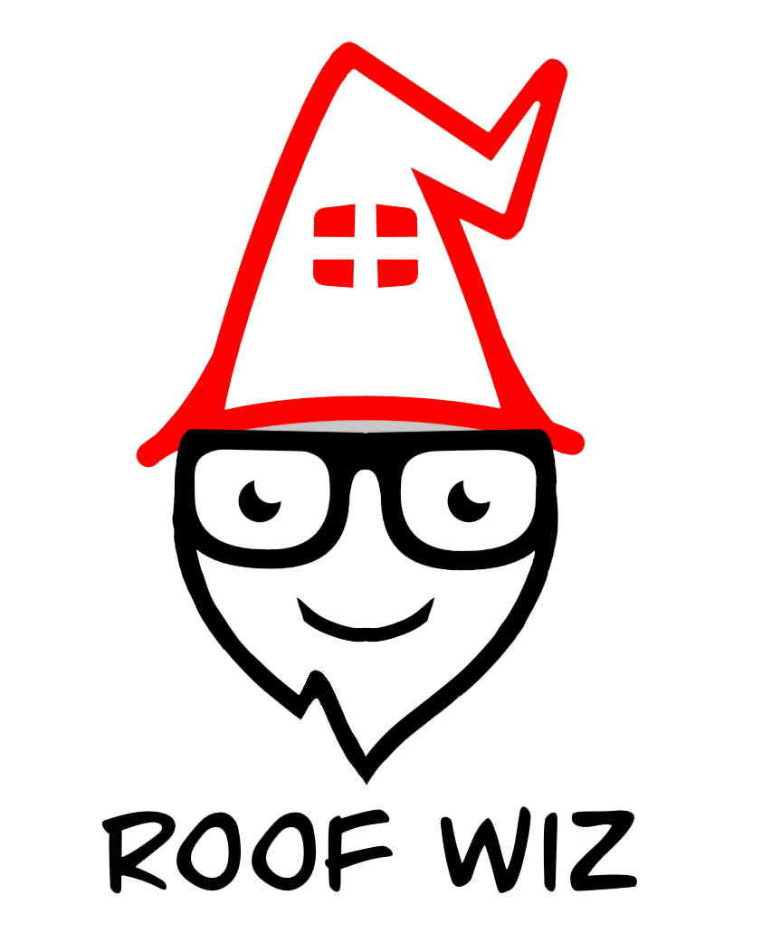 Logo of a smiling wizard-like figure with a red roof-shaped hat and glasses, labeled "ROOF WIZ".