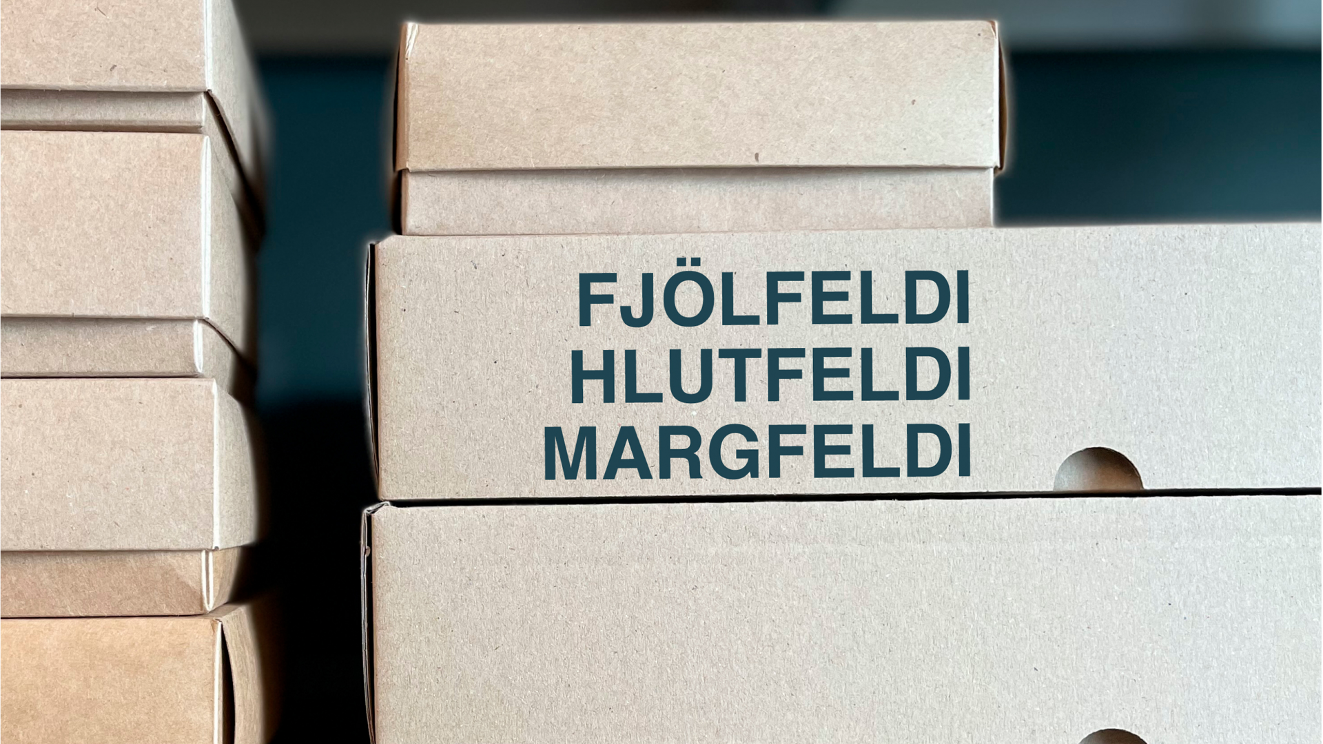 Stafli af pappaöskjum með orðunum „fjolfeldi hlutfeldi margfeldi“ skrifað á þá.