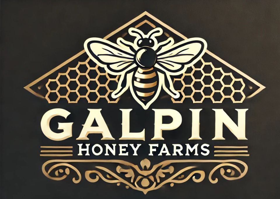 Galpin Honey Farms logo: bee over honeycomb, gold and black.