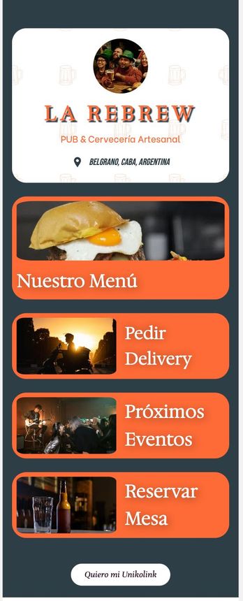 La Rebrew café menu screen with orange buttons: Nuestro Menú, Pedir Delivery, Próximos Eventos, Reservar Mesa