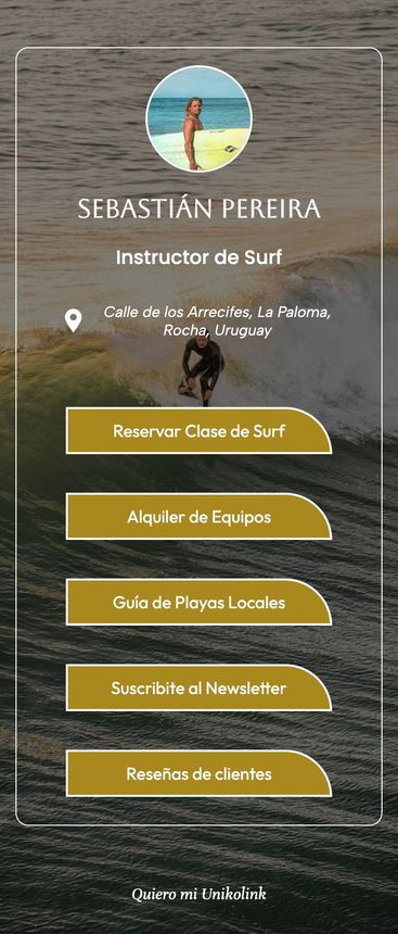 Página de perfil sobre fondo de madera con retrato circular y cinco botones dorados para un instructor de surf.