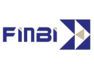 A blue and white logo for finbi with an arrow pointing to the right
