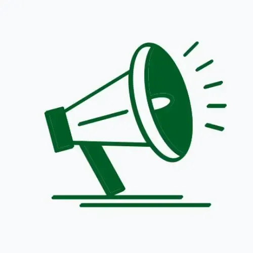 A green and white icon of a megaphone on a white background.