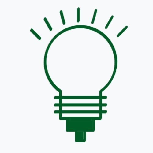 A green light bulb with rays coming out of it on a white background.