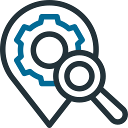 Location pin with gear and magnifying glass.