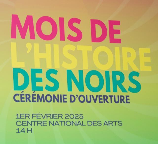 Poster for Black History Month opening ceremony. Text in pink, yellow, and green on a gradient background. 1st February 2025.