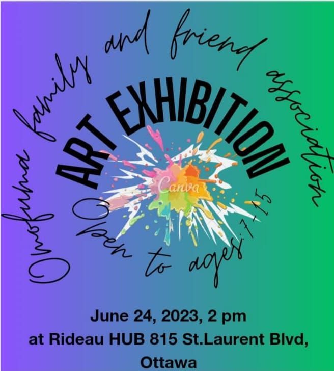 Art exhibition flyer: Omofuma family and friend association. June 24, 2023, Ottawa. Purple/green background, paint splash design.