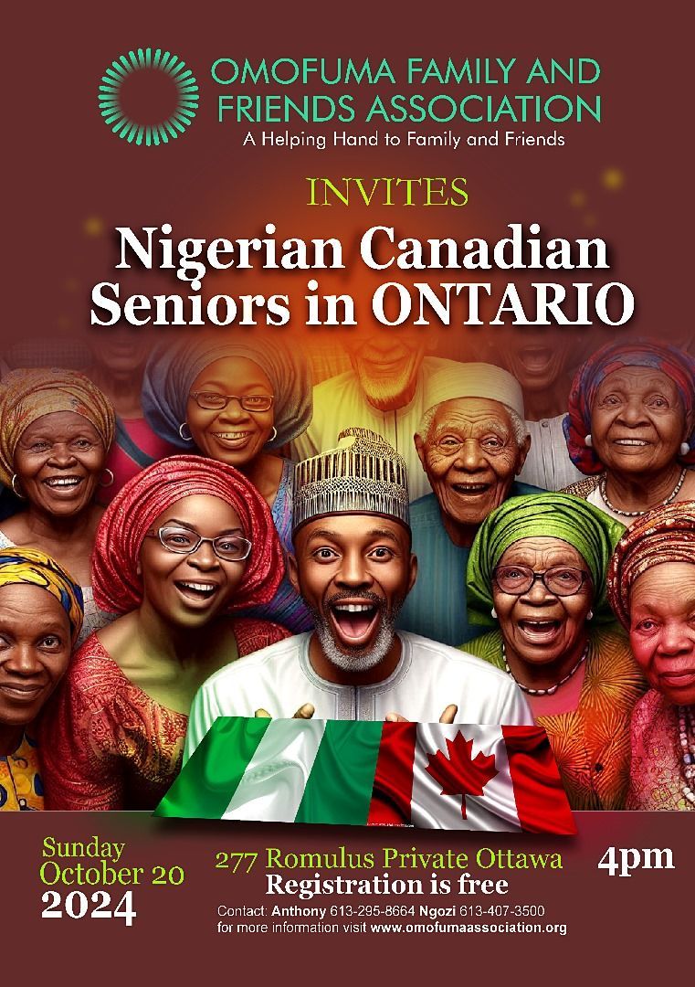 Event flyer: Omofuma Family & Friends Association invites Nigerian-Canadian seniors in Ontario. Group portrait, Nigerian flag/map, Canadian flag.