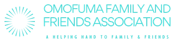 Logo for Omofuma Family and Friends Association, teal circle design with text: helping hand to family & friends.