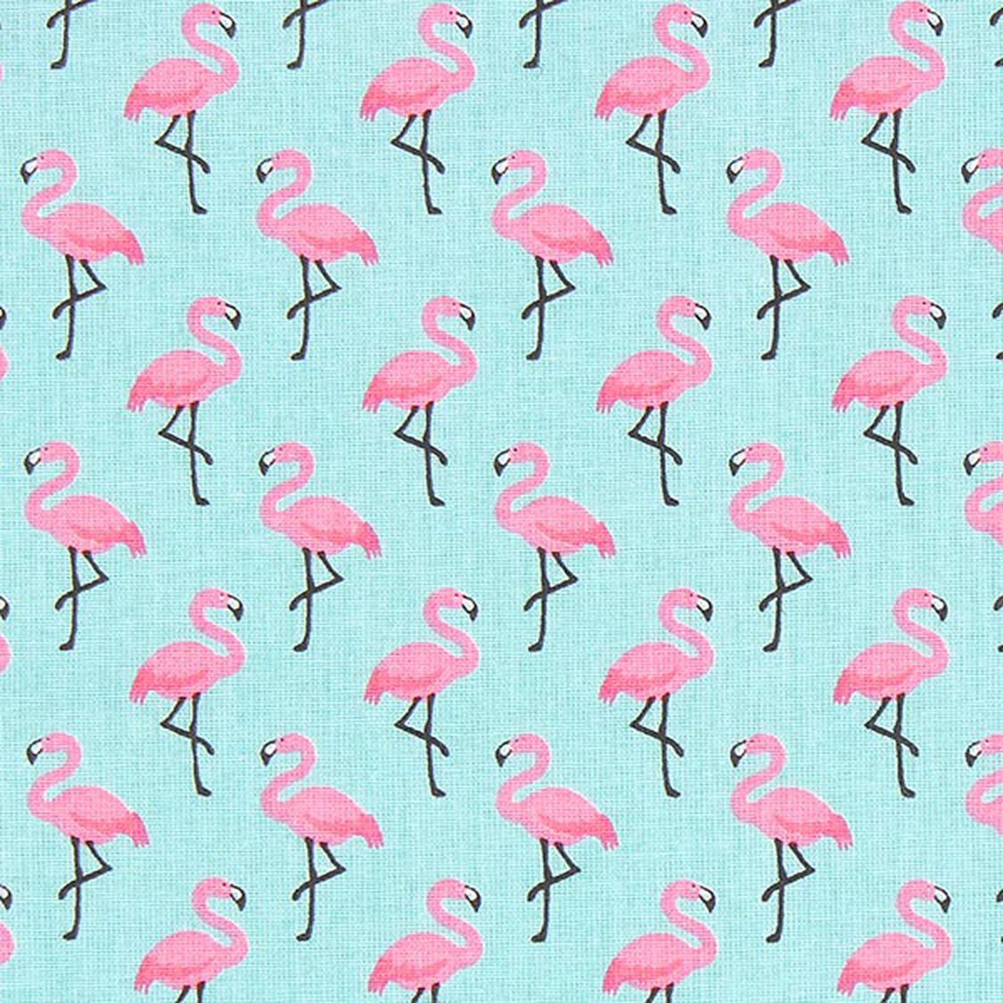 Pink flamingo pattern on a light blue background.