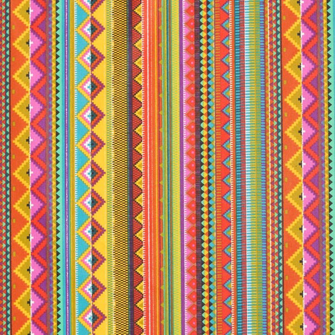 Colorful, patterned textile with vertical stripes in various designs and hues including orange, teal, and gold.